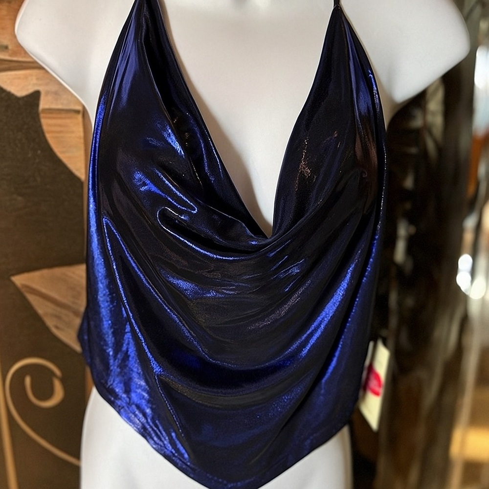 Shiny Blue draped down Silky Halter Top